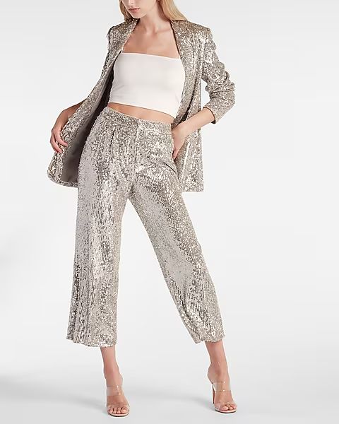 High Waisted Sequin Pleated Cropped Trouser | Express