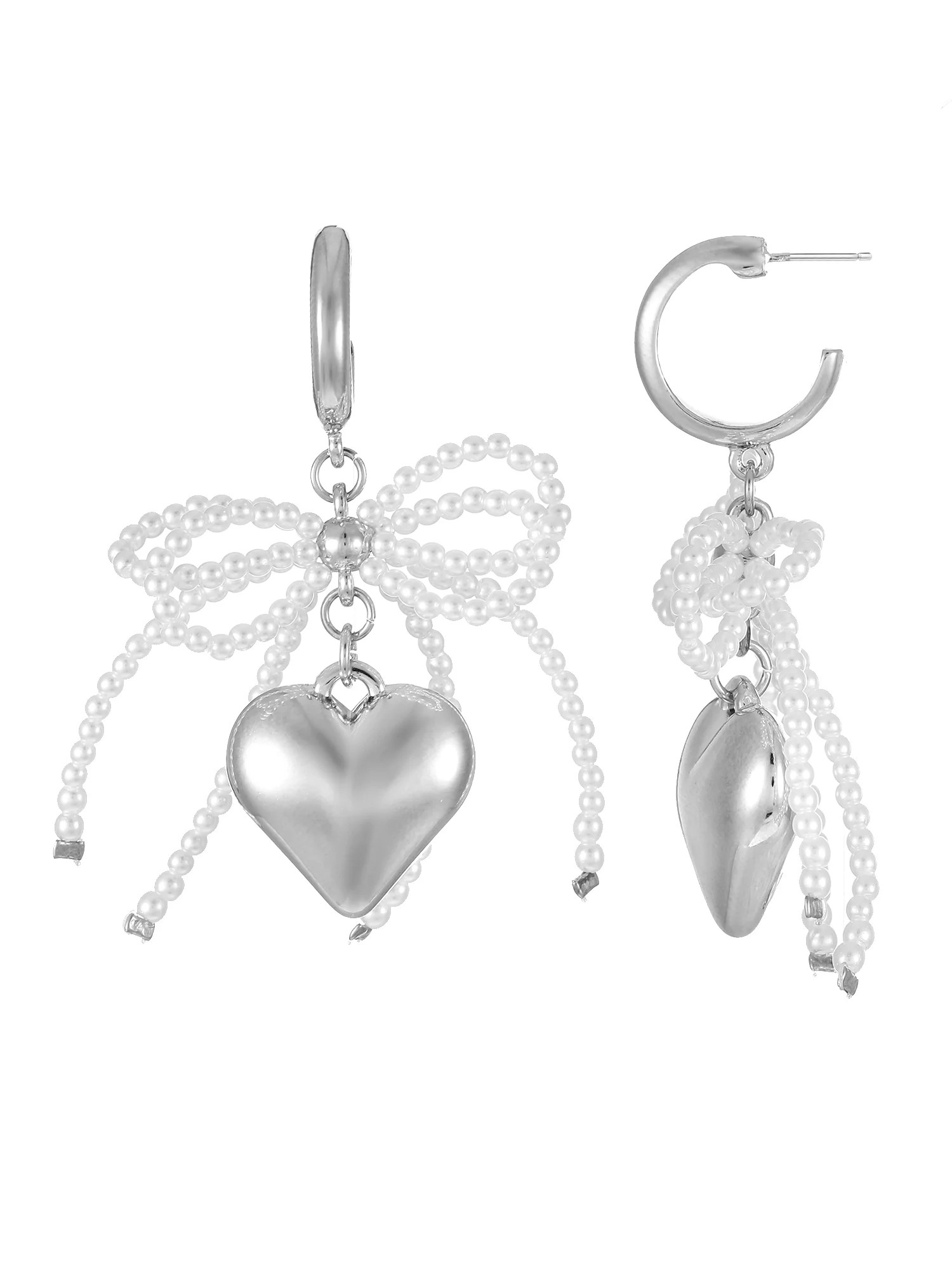 No Boundaries Silver-Tone Hoop Earrings with Heart and Bow Charms, 1-Pair, Women\u2019s - Walmart... | Walmart (US)
