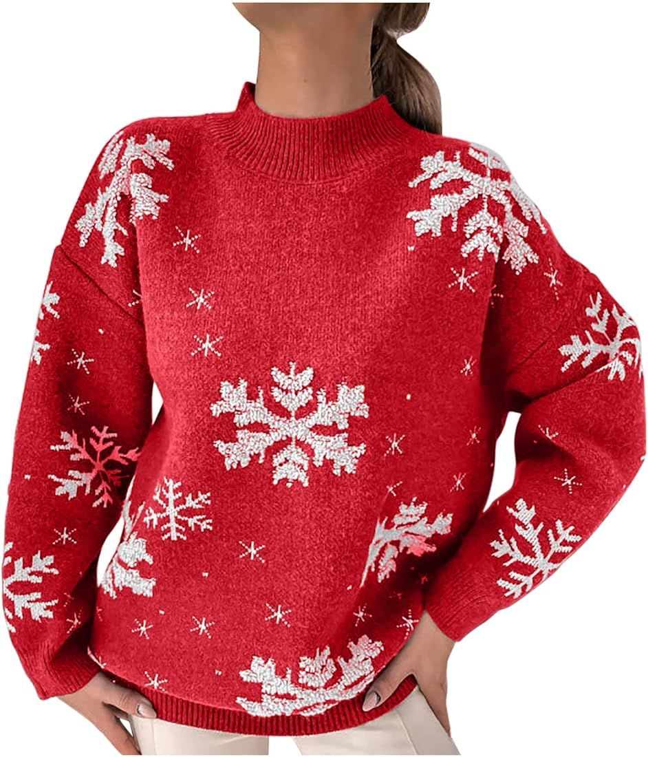 Snowflake Sweater Women Red and White Ugly Christmas Pullover Mock Neck Long Sleeve Holiday Knit ... | Amazon (US)