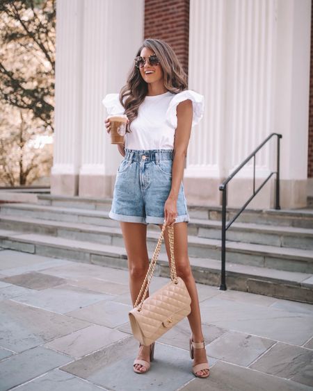 Amazon outfit perfect for memorial day weekend or any summer day! 
Paper bag denim shorts, puff sleeve top, white top, neutral heels, neutral handbag, sunglasses, Amazon fashion, Amazon finds, Amazon style 

#LTKunder100 #LTKunder50 #LTKSeasonal