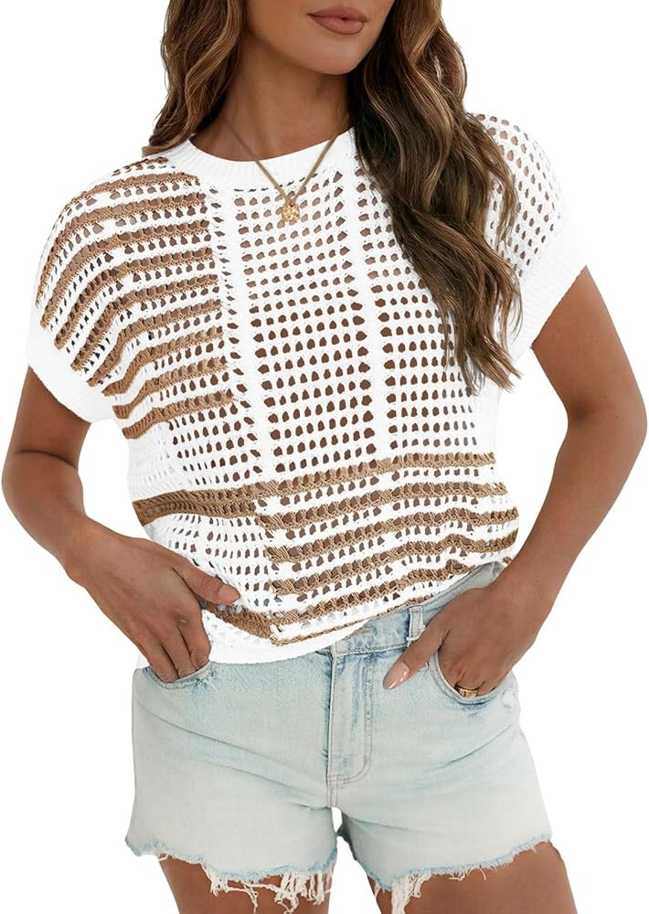 Fisoew Womens Short Sleeve Sweater Summer Striped Crochet Tops Crewneck Cap Sleeve Casual Knit Be... | Amazon (US)