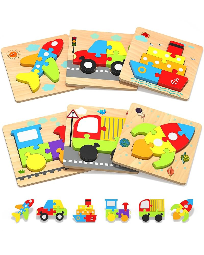 Yetonamr Wooden Toddler Puzzles Gifts Toys for 1 2 3 Years Old Boys Girls, 6 Vehicle Shape Montes... | Amazon (US)