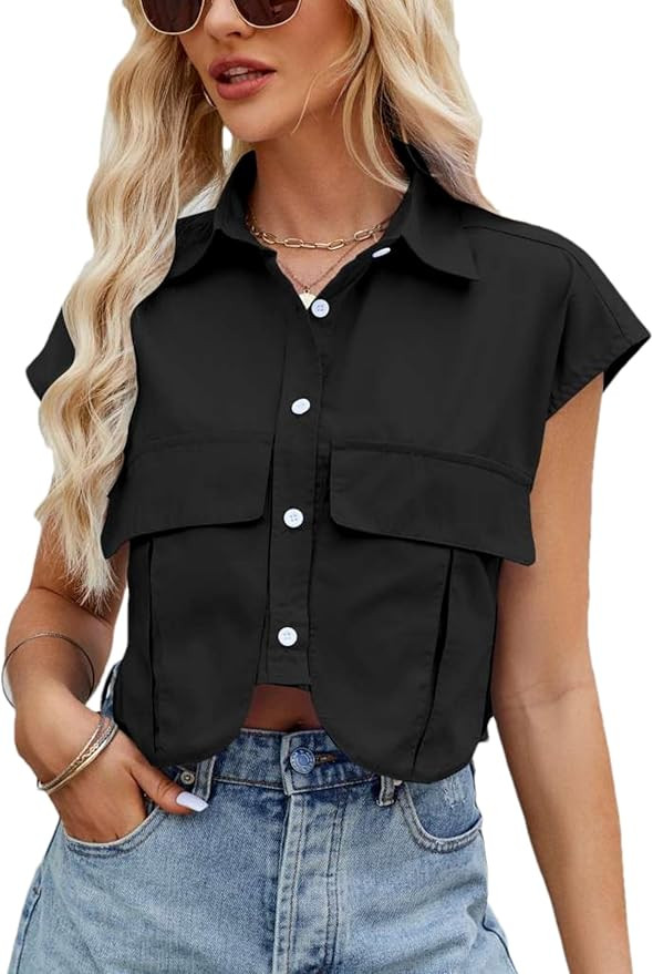 Womens Sleeveless Cropped Short Button Down Shirt Lapel Collared Loose Cap Sleeve Blouses Tops Ve... | Amazon (US)