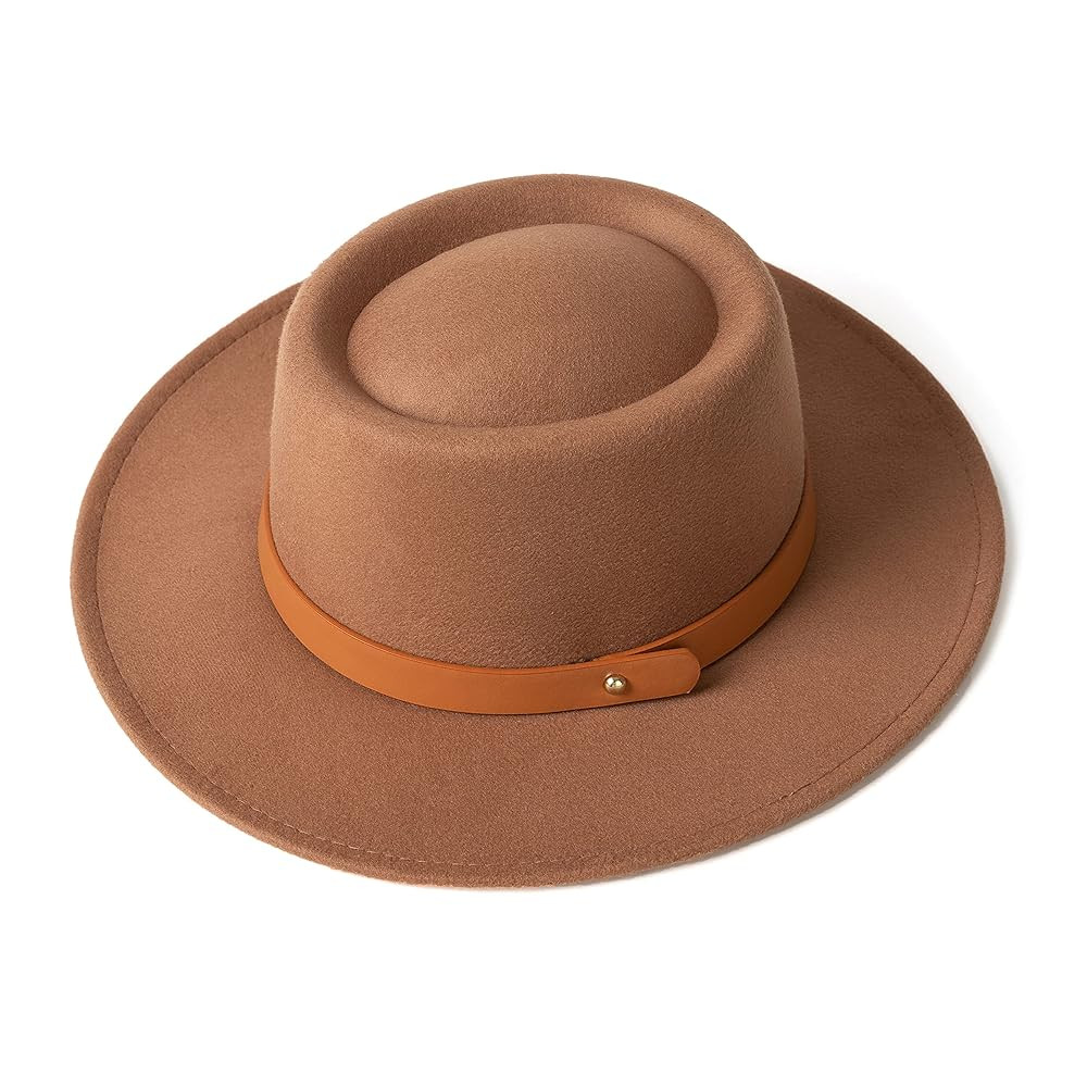 Lady Retro Wide Brim Fedora Floppy Pork Pie Hat with Belt Buckle | Amazon (US)