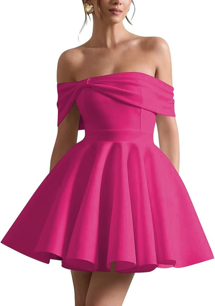 Satin Homecoming Dresses for Teens 2025 Off Shoulder Asymmetric Bowknot Short Prom Dress | Amazon (US)