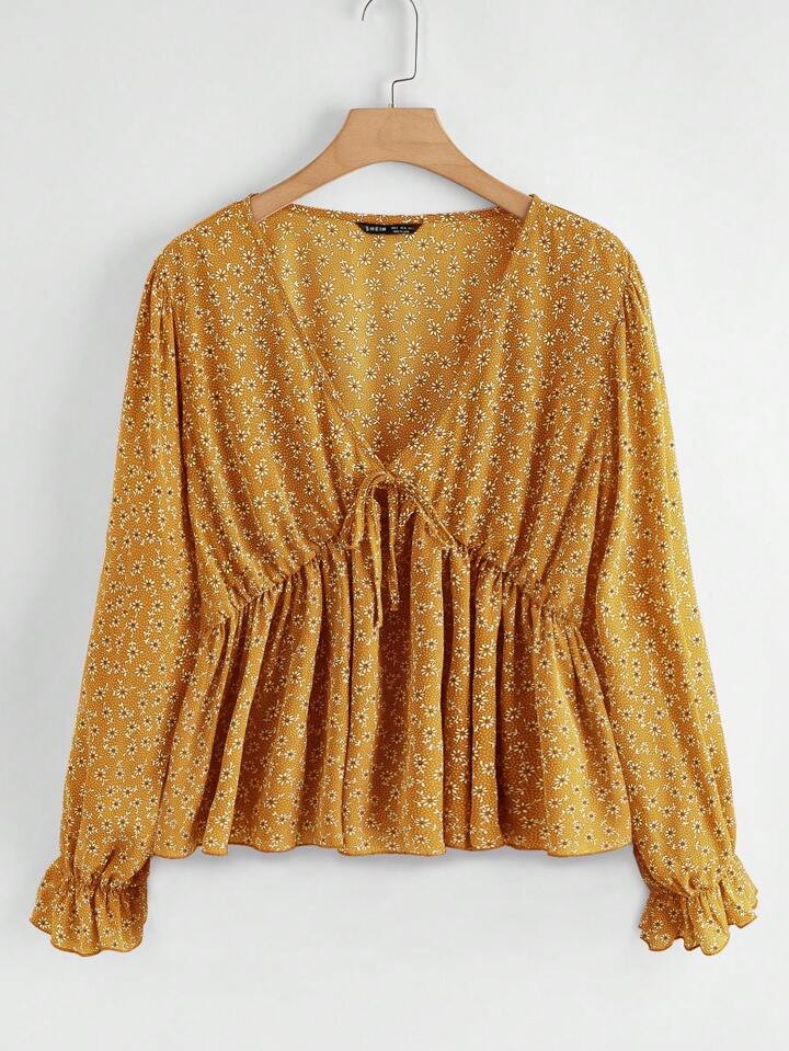 SHEIN LUNE Ditsy Floral Knotted Peplum Top Peplum Top | SHEIN