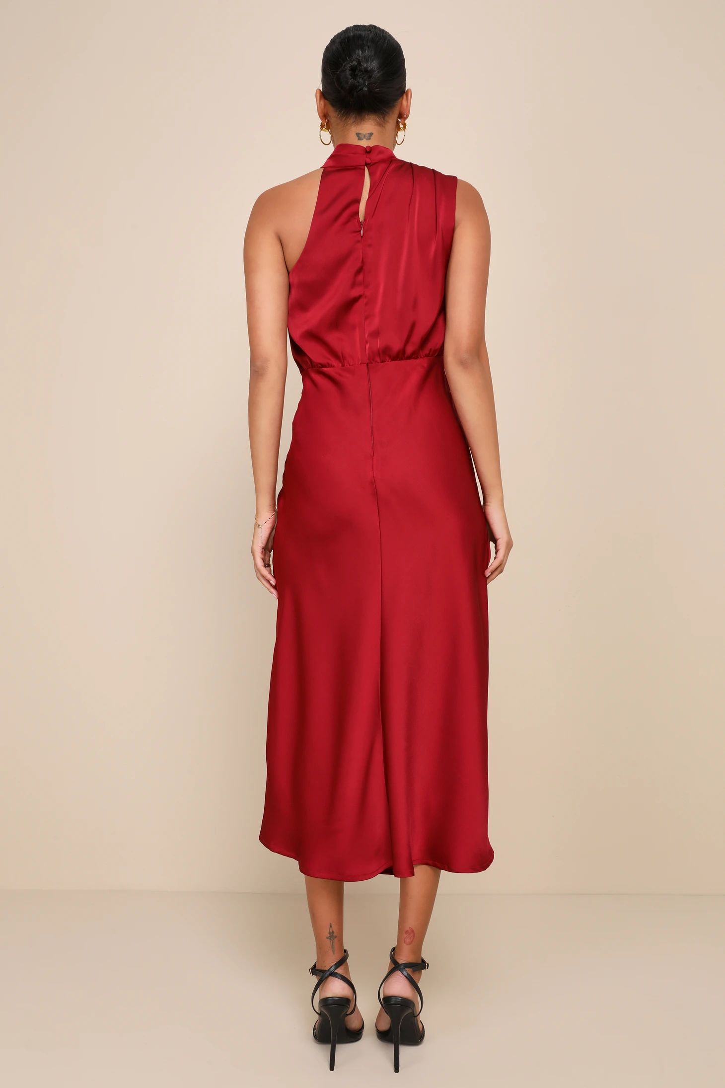 Distinctive Charm Burgundy Satin Asymmetrical Midi Dress | Lulus (US)
