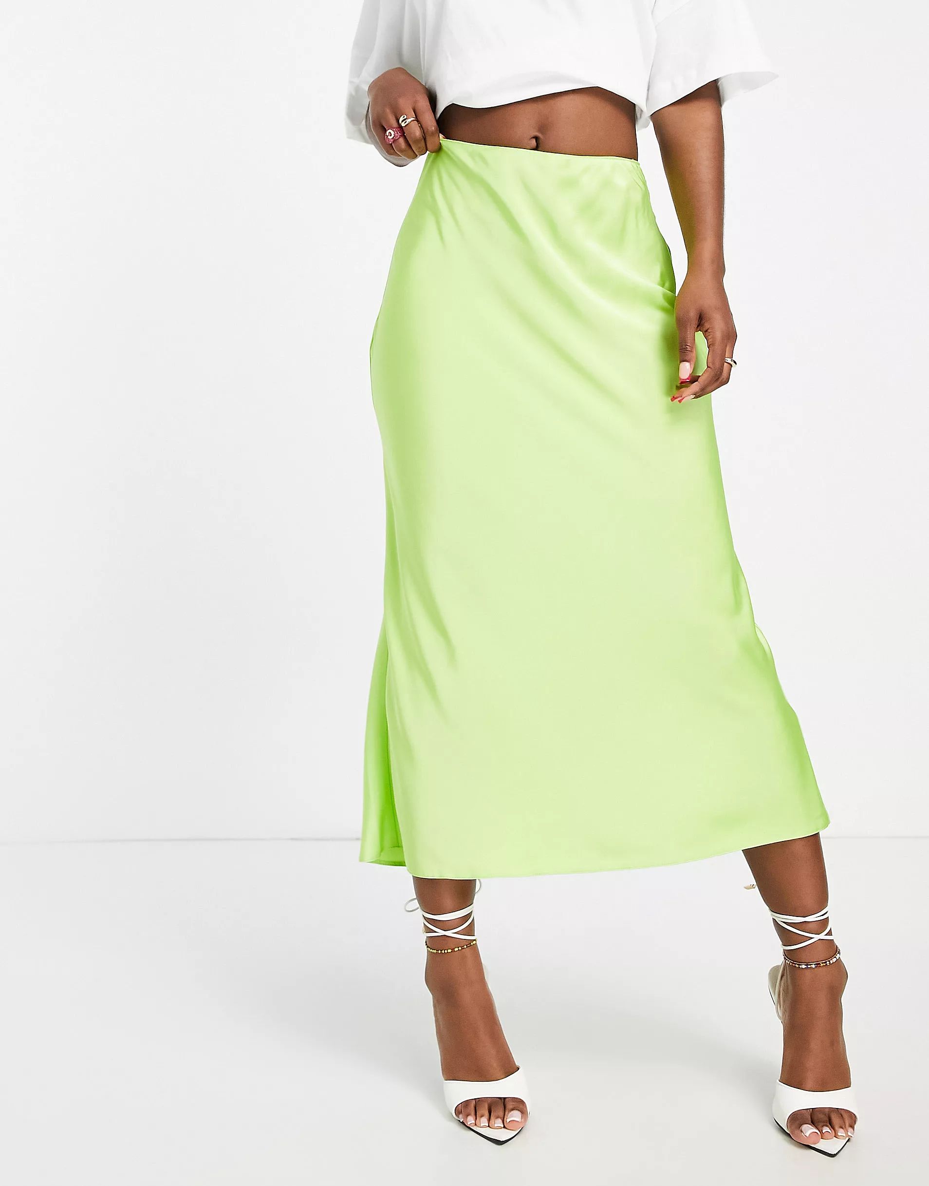 ASOS DESIGN Hourglass satin bias midi slip skirt in lime green | ASOS (Global)