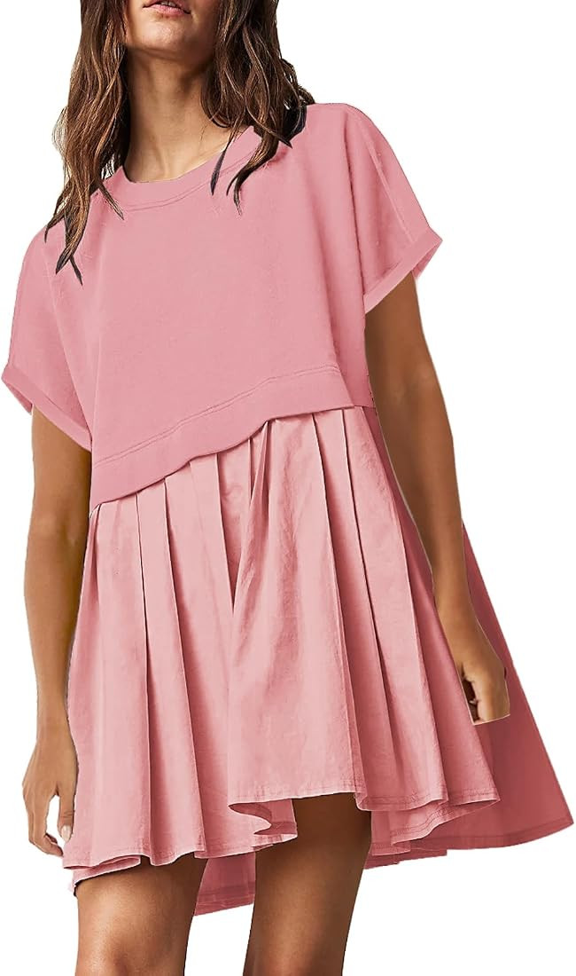 SAUKOLE Womens Summer Crew Neck Short Sleeve Dress Patchwork Pleated A Line Beach Boho Mini Dress | Amazon (US)