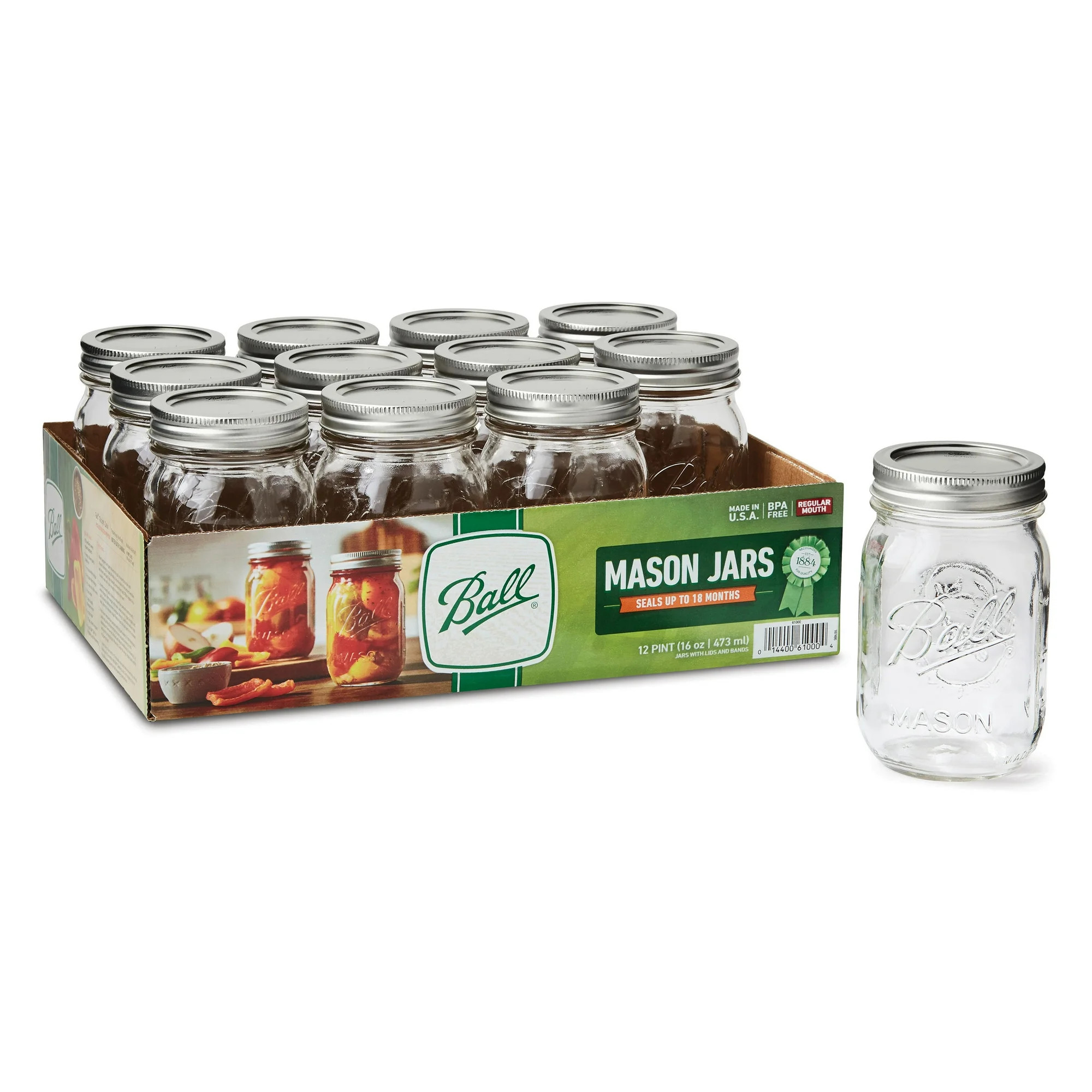 Ball Regular Mouth 16oz Pint Mason Jars with Lids & Bands, 12 Count - Walmart.com | Walmart (US)