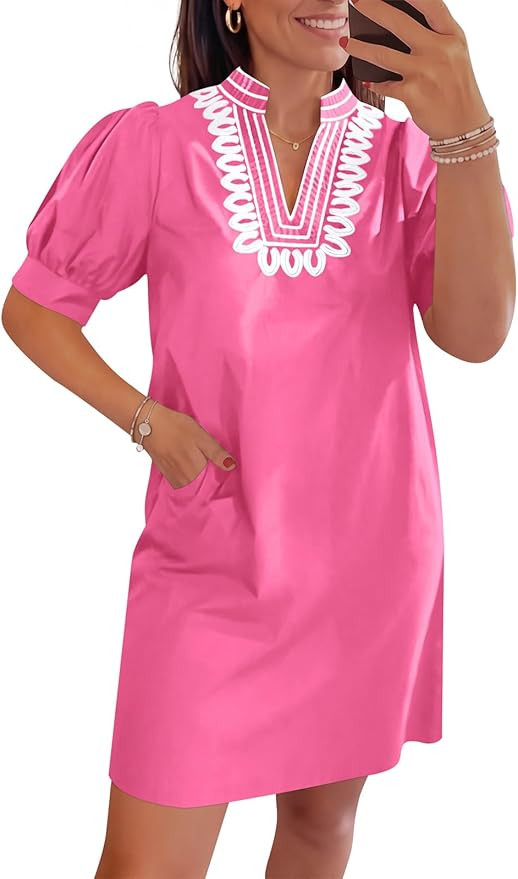 Wenrine Womens Summer V Neck Shift Puff Short Sleeve Boho Short Dresses | Embroidered, Pockets, W... | Amazon (US)