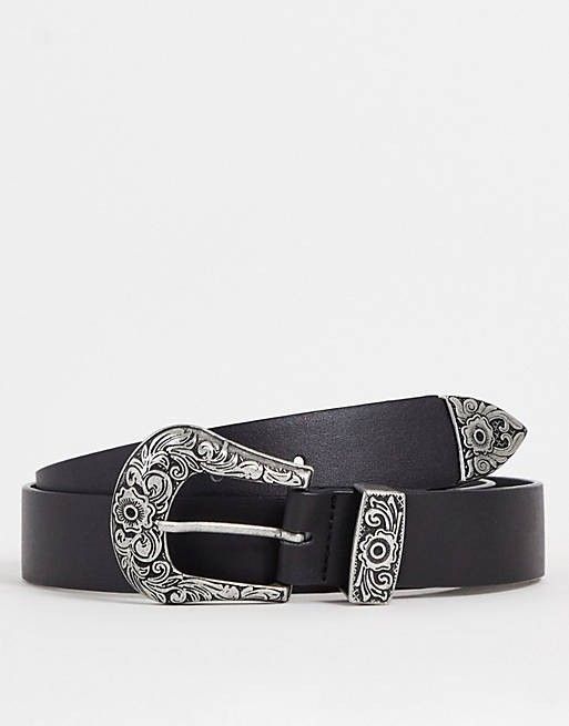 ASOS DESIGN antique silver western waist and hip belt in black | ASOS (Global)