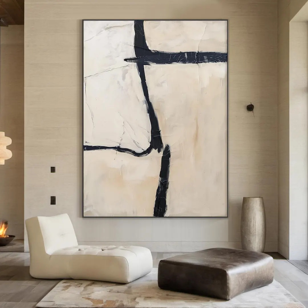 Beige abstract wall art, large beige minimalist wall decor art, black textured canvas abstract pa... | Etsy (US)
