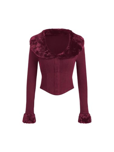 CIDER Womens Tops Long Sleeve Faux Fur Collar Slim Fit Knit Top Ladies Tops Elegant Top Burgundy | Amazon (US)