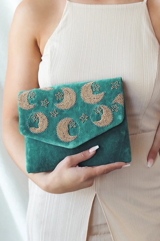 Across the Stars Teal Velvet Beaded Clutch | Lulus (US)