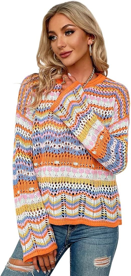 Crochet Sweaters for Women Hollow Out Pullover Sweaters Crop Top Striped Long Sleeve See Through Kni | Amazon (US)