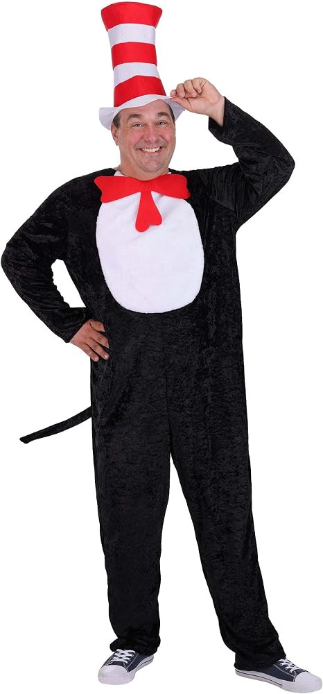 Dr. Seuss Cat in the Hat Adult Costume - Jumpsuit, Bow Tie, Tail, Red & White Striped Hat - Offic... | Amazon (US)