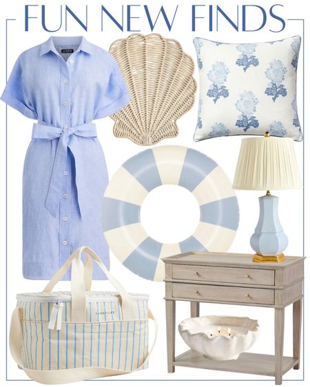 Grandmillennial home decor coastal finds blue belted summer dress pillow with hydrangeas washed oak nightstand striped pool innertube cooler for pool or beach shell woven placemats shell candle for display

#LTKStyleTip #LTKSeasonal #LTKHome