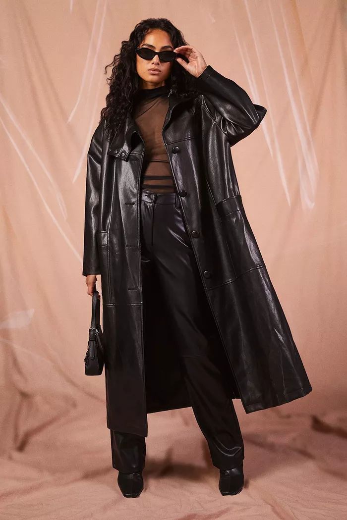 Faux Leather Maxi Button Detail Trench Coat | boohoo (US & Canada)