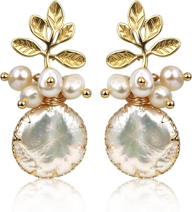 18k Gold Baroque White Big Pearl Drop Earrings For Women Handmade Trendy Comfy Real Freshwater Pe... | Amazon (US)