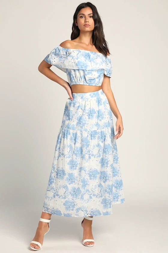 Made for Mallorca White and Blue Eyelet Tiered Maxi Skirt | Lulus (US)