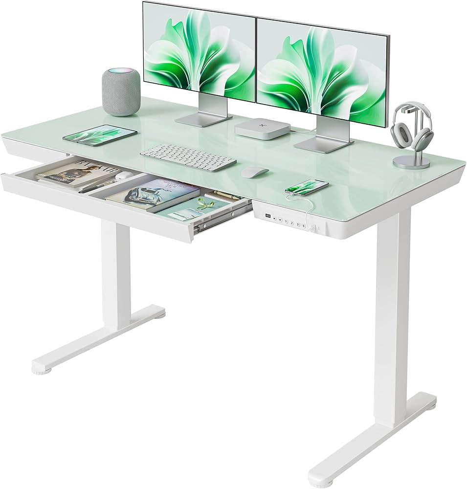 FEZIBO 48 × 24 Electric Standing Desk with Drawers, Whole-Piece Glass Adjustable Height Desk, On... | Amazon (US)