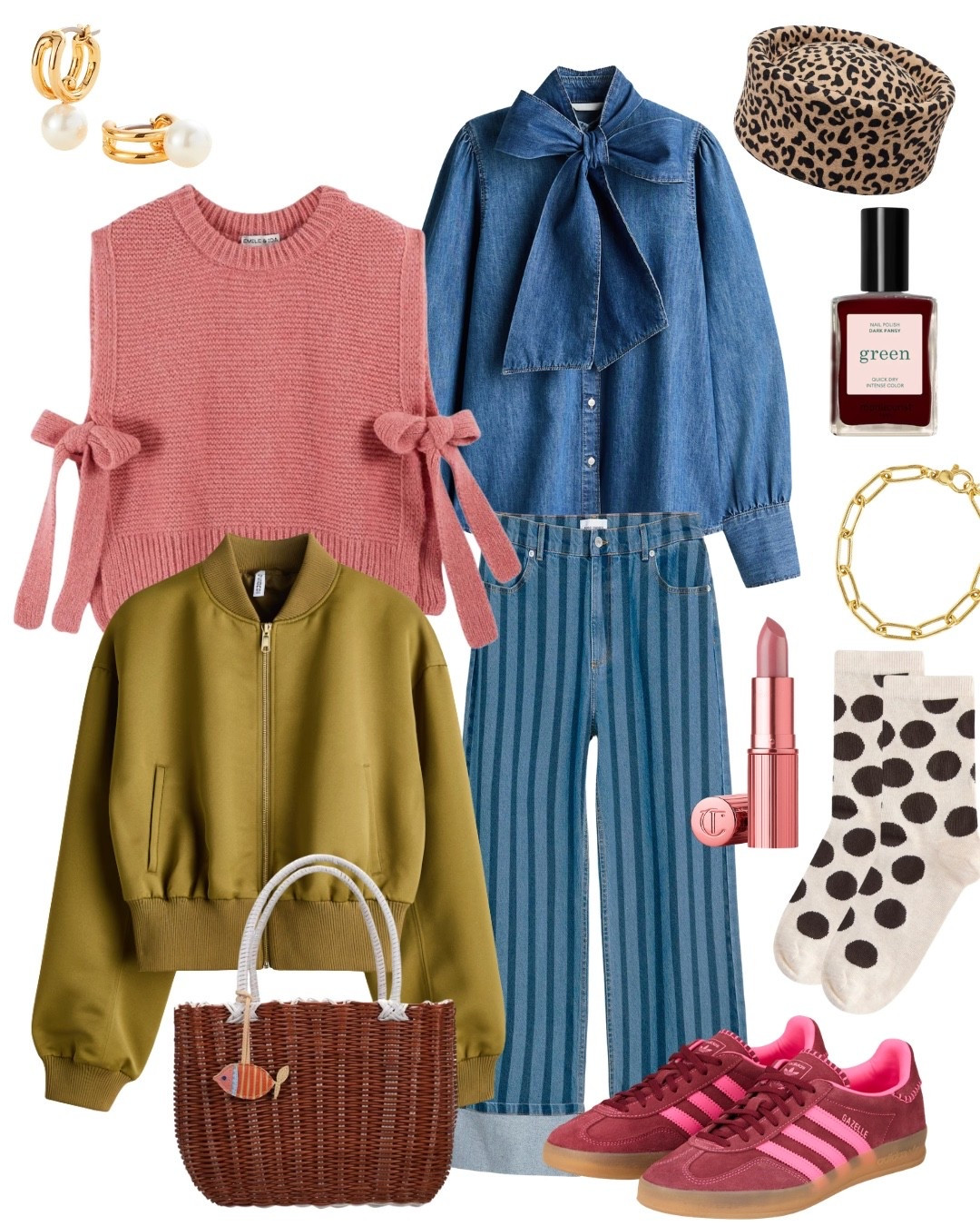 Denim on denim - easy as this, mit Schluppenbluse und gestreifter Jeans. Für noch kühle Tage ist der rosa Pullunder ein perfektes Layering-Teil, die Piloten-Jacke in grün schafft zusätzlich zu den bunten Sneakern, pillbox hat in Leo und gepunkteten Socken Dopamine Dressing Vibes. #bobochoses #mustermix #widelegjeans #jeans 

#LTKspring #LTKjeans #LTKdeutschland