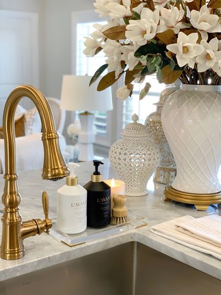 Kitchen accessories, faux magnolia stems, white and gold decor 

#LTKsalealert #LTKstyletip #LTKhome