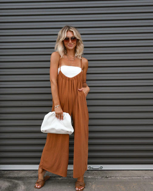 Larkspur Pocketed Tie Overalls - Camel | VICI