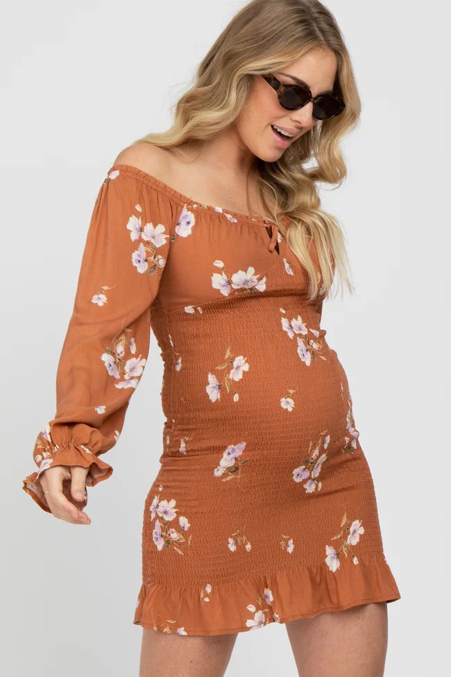 Camel Floral Long Sleeve Smocked Maternity Mini Dress | PinkBlush Maternity