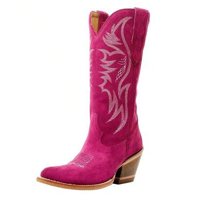 A Pair Women Pink Cowboy Boots Mid Calf Cowgirl Boots Sky Blue Western Boots Embroidered Suede Boots Pull On Almond Toe Chunky Heel Boots | SHEIN