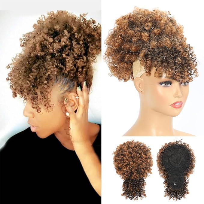 Fayasu Afro Puff Drawstring Ponytail with Kinky Curly Hair Clip in Bangs Short Ponytail Hair Exte... | Amazon (US)