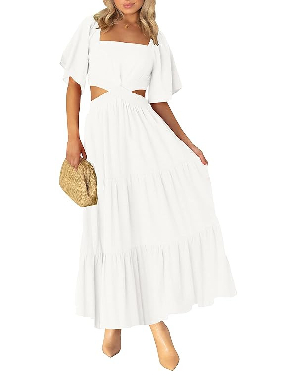 LEANI Women's 2025 Summer Cutout Maxi Dress Square Neck Short Sleeve Crossover Waist Casual Party... | Amazon (US)