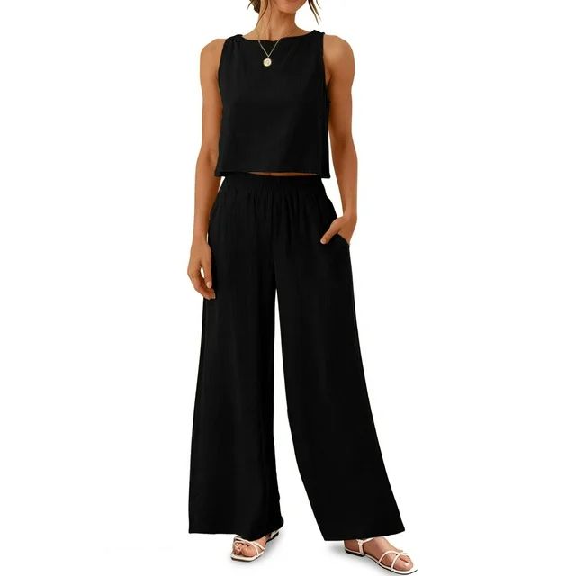 MOSHU Two Piece Lounge Sets for Women Loose Fit Tank Tops and Wide Leg Pants with Pockets Solid S... | Walmart (US)