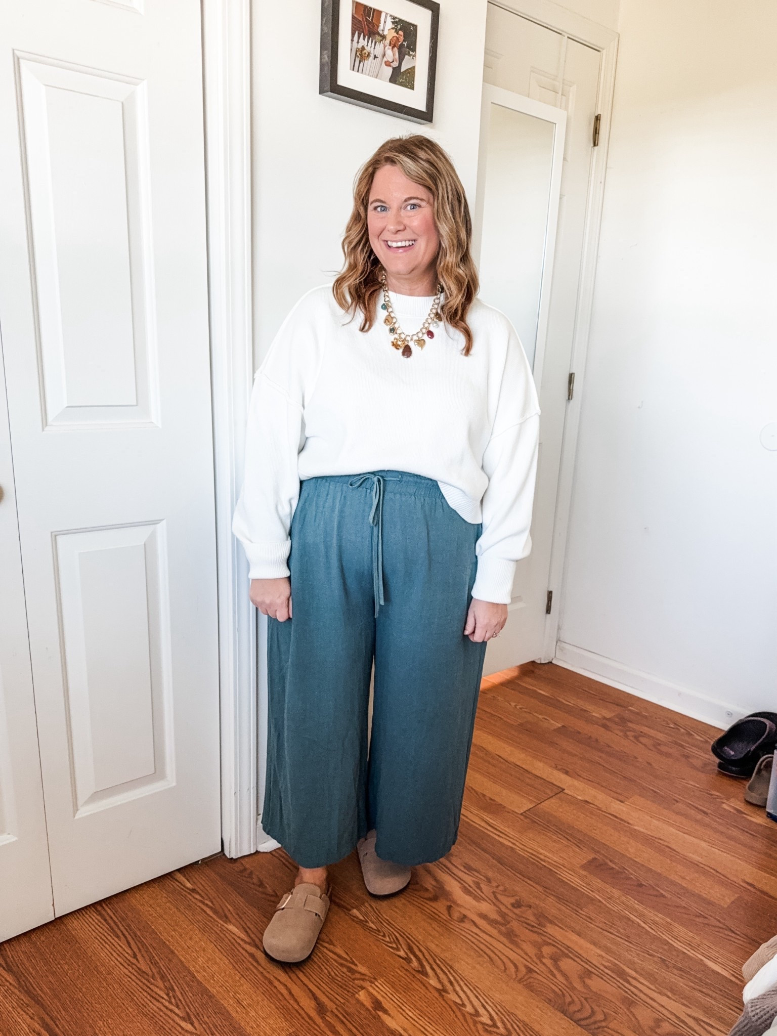 Fall outfit - wearing an XL in my sweater, XXL in my linen pants, and linked a similar charm necklace 

#LTKMidsize #LTKFindsUnder50 #LTKSeasonal