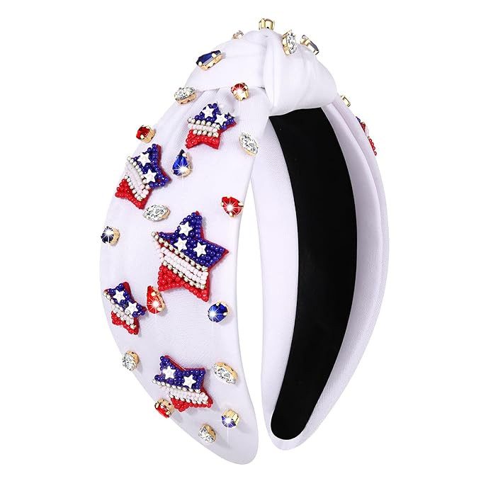NVENF 4th of July Headbands, American Flag Star Headband Pearl Crystal Rhinestone Knotted Headban... | Amazon (US)