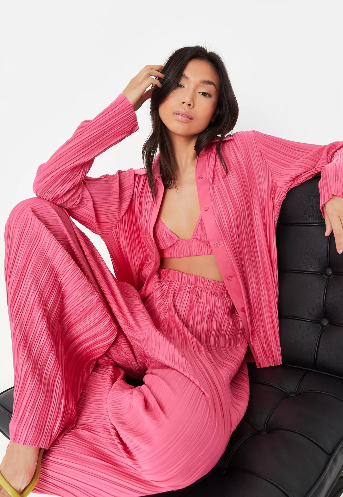 Pink Co Ord Plisse Oversized Shirt | Missguided (US & CA)