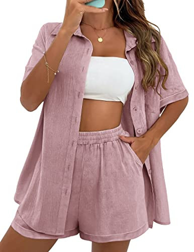 Zeagoo Women’s Tracksuit Sets Loose High Waisted Mini Shorts Set And Solid Short Sleeve Shirt,Misty Rose,Large | Amazon (US)