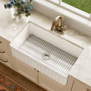 Solstice White Fireclay 33 in. L x 18 in. W Rectangular Single Bowl Farmhouse Apron Kitchen Sink ... | The Home Depot