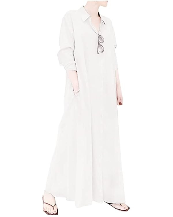 Ladyful Women's Button Down Cotton Linen Shirt Dress Long Sleeve Maxi Shirtdress Beach Summer Dre... | Amazon (US)
