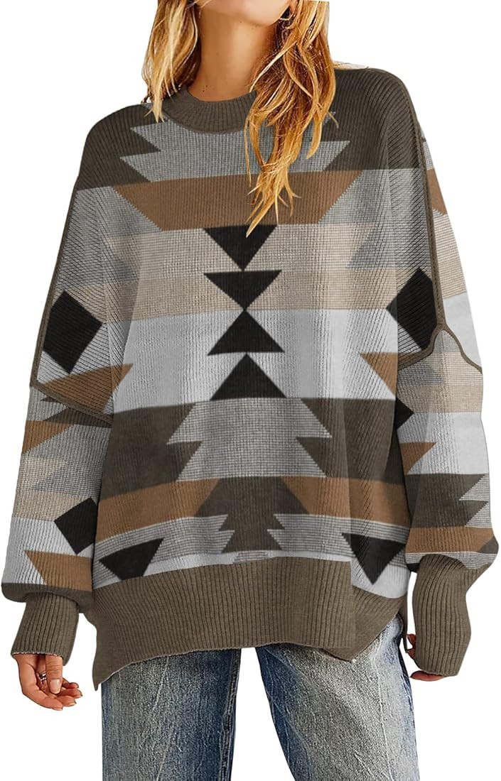 Women's Oversized Crewneck Sweaters Batwing Long Sleeve Side Slit Ribbed Knit Pullover Sweater To... | Amazon (US)