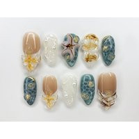 Ocean-Inspired Press On Nails Almond | 3D Beach Theme With Seashells & Starfish Handmade Pearls For Summer Vibes |Jb393Av | Etsy (US)