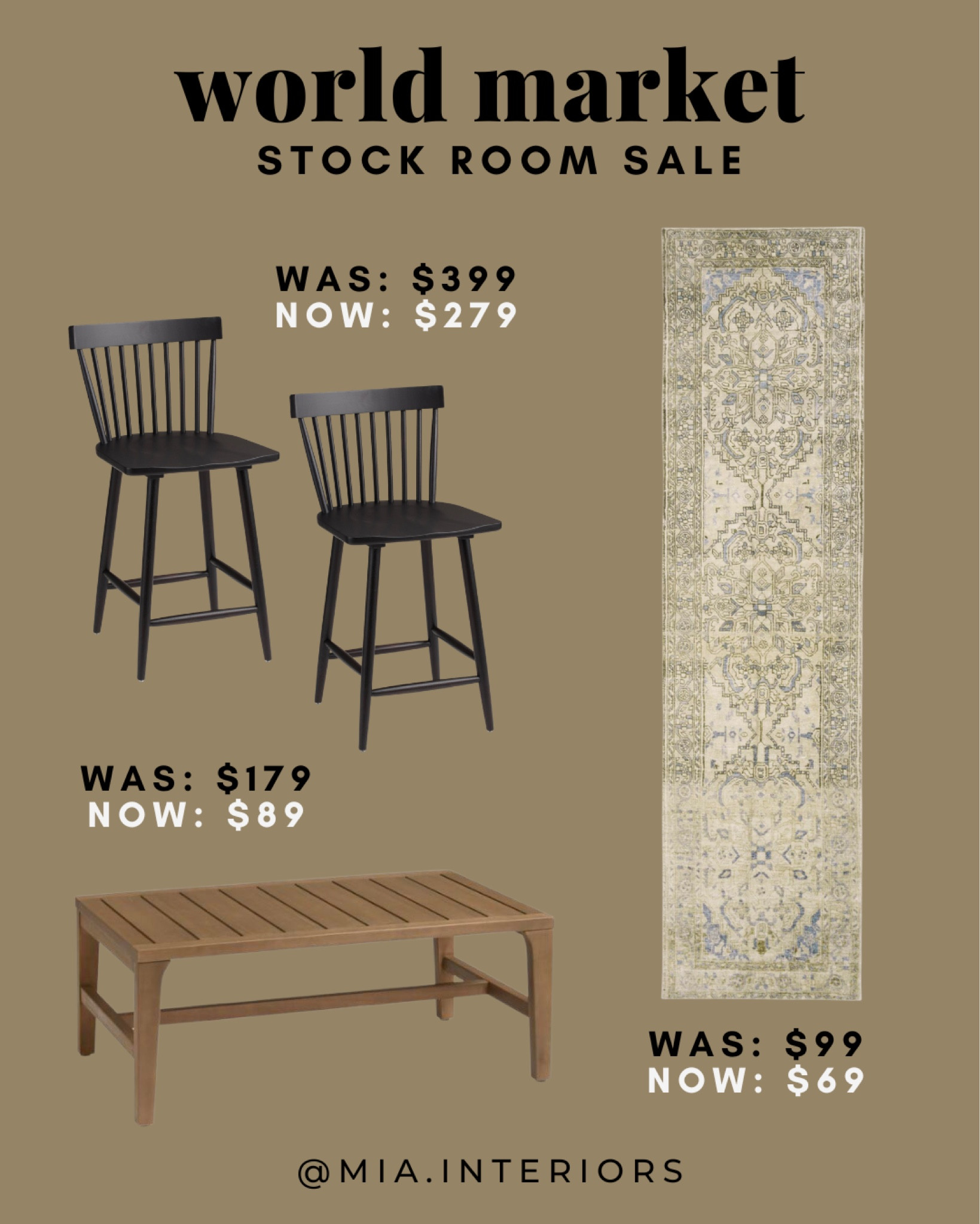 STOCK ROOM SALE @ World Market

#worldmarket #worldmarketsale #fallsale #runnerrug #runner #rugs #salerugs #turkishrug #coffeetable #outdoortable #patiosale #barstools #counterstools #kitchenislandstool #blackdiningchairs

#LTKsalealert #LTKSeasonal #LTKhome