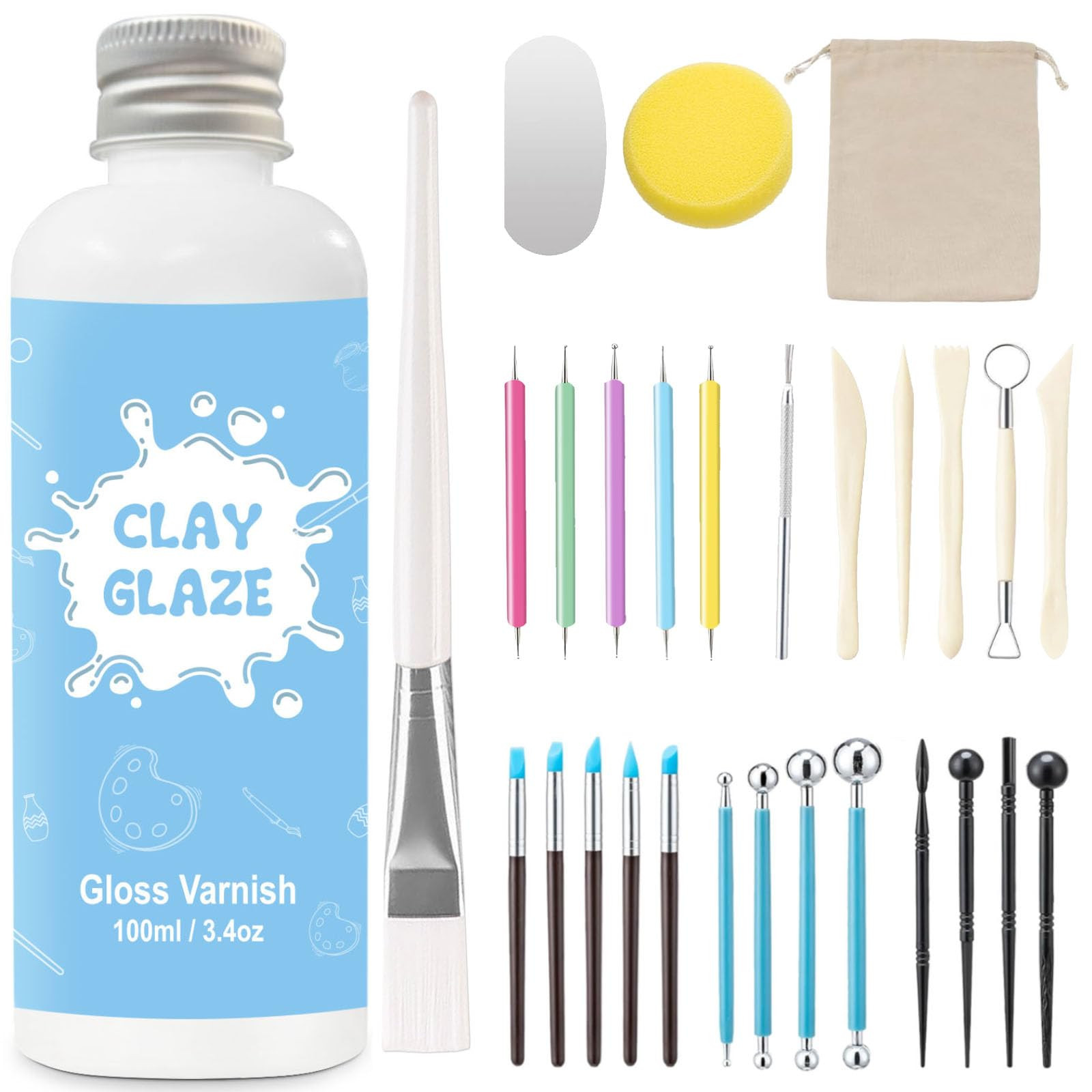 EIGTWEN 100ml Air Dry Clay Glaze and 29pcs Clay tools kit, Gloss Clay Varnish Protects Clay from ... | Amazon (US)