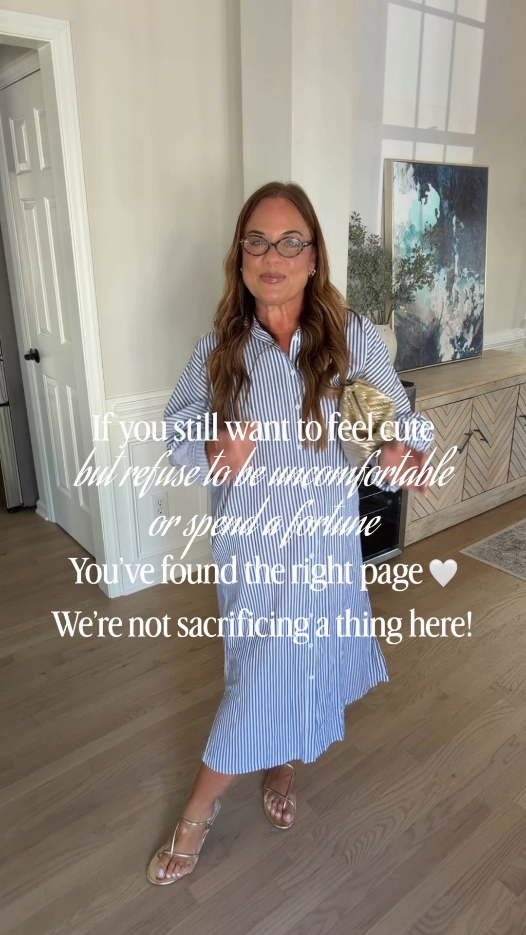 This blue and white striped maxi shirt dress is one of those effortless pieces that always looks polished 🤍✨ I’m wearing my true size LARGE here, but I also own it in the tan & white stripe (I get compliments on the tan & white striped one every single time I wear it! 😊) in an XL and actually prefer the slightly oversized fit of the XL. It’s lightweight, flowy, gives great arm coverage & feels like you put in way more effort than you actually did.