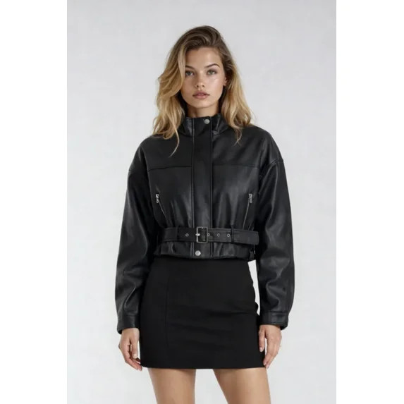 Forever 21 Faux Leather Belted Cropped Jacket, Color-Black, Size-S | Walmart (US)