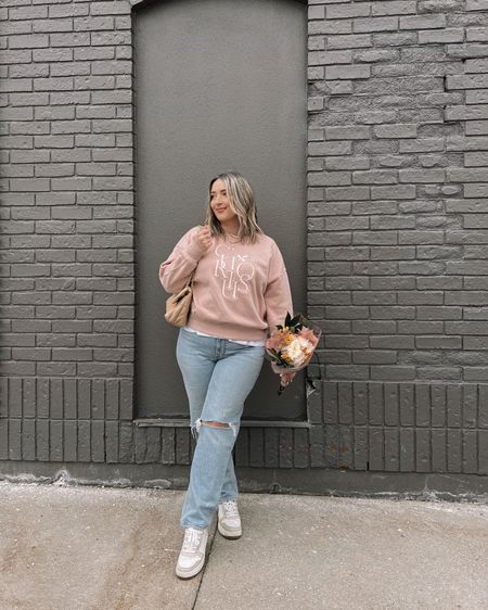 Casual midsize spring outfit - pink sweatshirt (L), my fave Abercrombie jeans (32), neutral sneakers 

Spring style, spring ootd


#LTKmidsize #LTKSeasonal #LTKstyletip