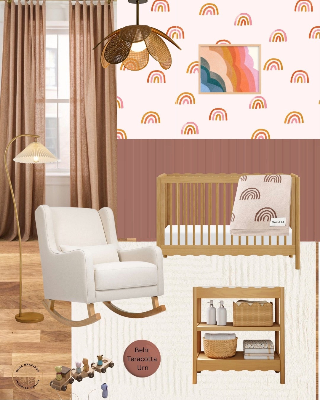 Cute nursery mood board, scalloped crib and nursery changing table, neutral rocker and rug, cute wallpaper from Chasing Paper. #homedecor #nursery 

#LTKBump #LTKHome #LTKBaby