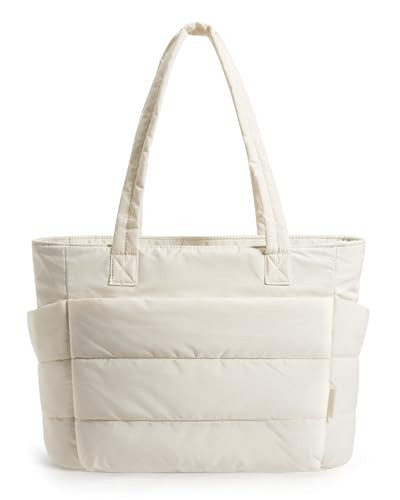 BAGSMART Tote Bag for Women, Lightweight Puffy Tote Bag with Compartments Shoulder Bag Handbag for Travel, Work, Gym (Light Beige, Standard Size) | Amazon (US)