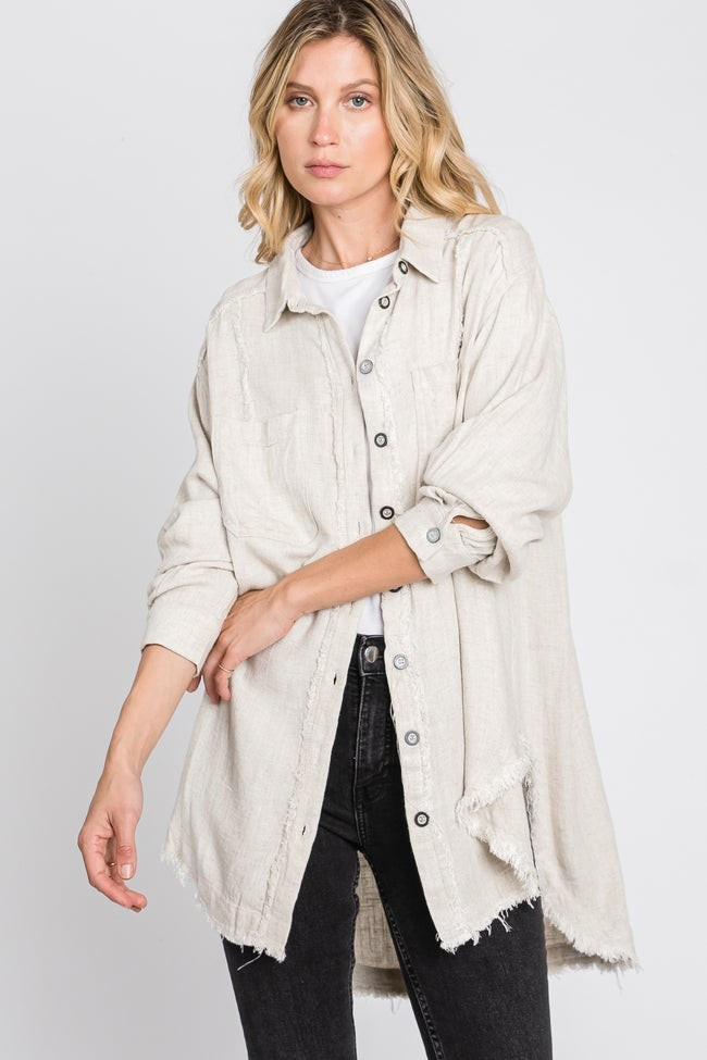 Beige Linen Fringe Button Down Top | PinkBlush Maternity